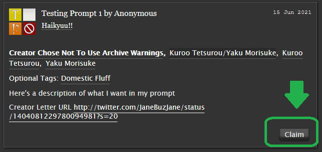 A screenshot of a prompt meme on Archive of Our Own dot org, with the "Claim" button highlighted in green.