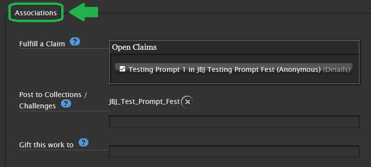 A screenshot of a prompt request on Archive of Our Own dot org, with the "Associations" section highlighted in green.